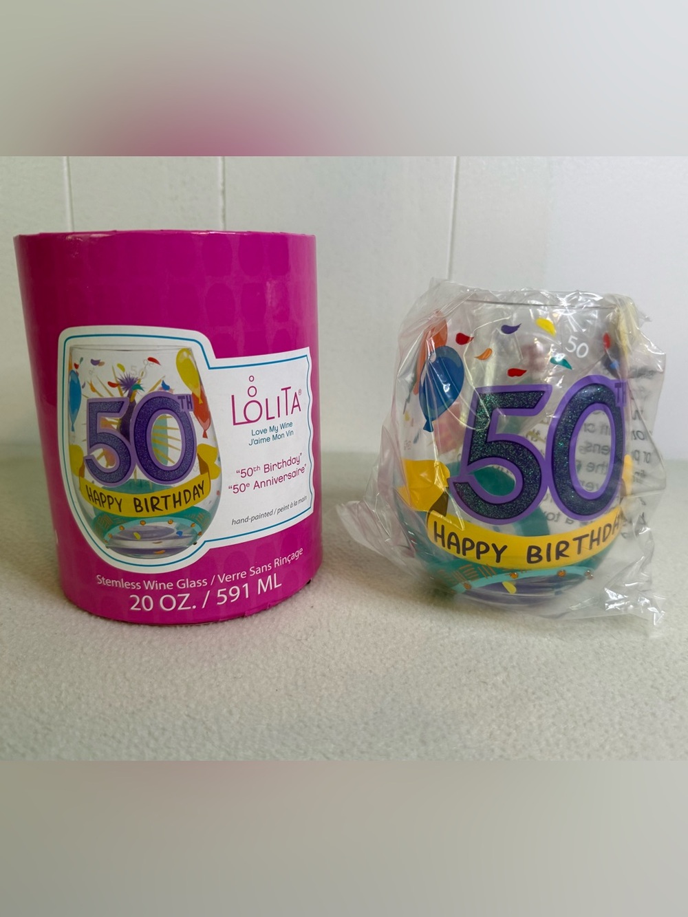 Lolita 50th Birthday Stemless Wine Glass - Multicolored